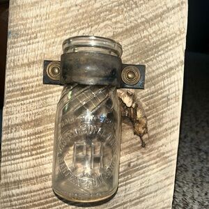 One of a Kind Oak Slab w Vintage Clear Glass Half Pint Bottle w Vintage Hardware